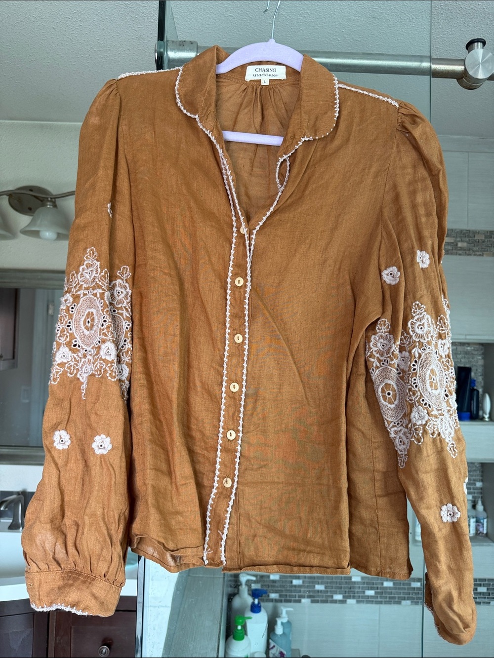 Chasing Unicorns Rust Brown Embroidered Button-Up Blouse